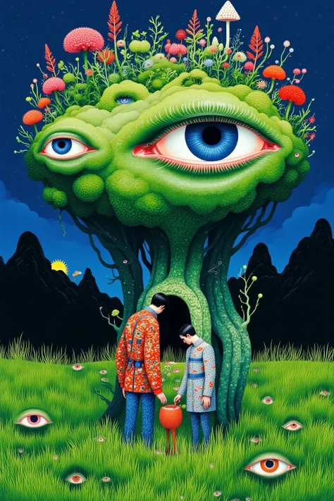  A painting of two people standing in a field with giant eyes, A surrealist painting by Hiroshi Nagai ,  Behance Contest,  pop surrealism, Three Eyes ,  brain tree-eye chalice ,  Vision of the Third Eye , Infected mushrooms , void eyeballs , have multiple ...