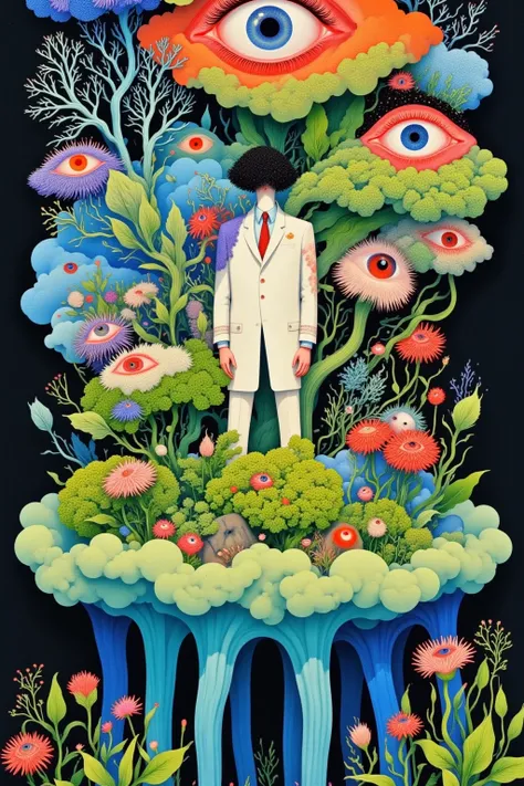  in a suit 、 illustration of a man with clouds and eyes , Pedro Pedraja 的一幅 Surrealism画作 ,  Behance Contest, 流行 Surrealism,  surreal illustration ,  Psychedelic illustration ,  psychedelic surreal art , 流行 Surrealism lowbrow art style, 梦幻 Surrealism, 流行 - ...