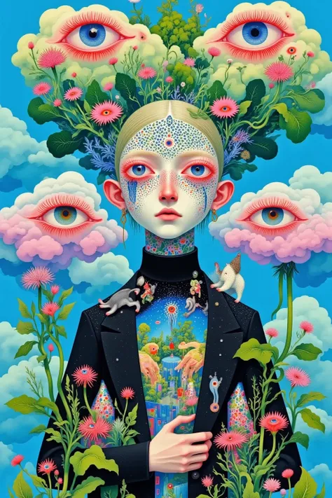  in a suit 、 illustration of a man with clouds and eyes ,  a tattoo on his neck ，Pedro Pedraja 的一幅 Surrealism画作 ,  Behance Contest, 流行 Surrealism,  surreal illustration ,  Psychedelic illustration ,  psychedelic surreal art , 流行 Surrealism lowbrow art styl...