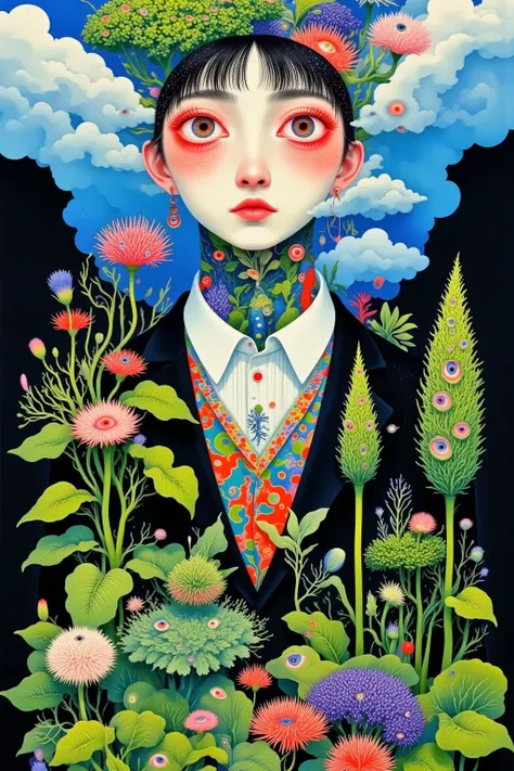  in a suit 、 illustration of a man with clouds and eyes ,  a tattoo on his neck ，Pedro Pedraja 的一幅 Surrealism画作 ,  Behance Contest, 流行 Surrealism,  surreal illustration ,  Psychedelic illustration ,  psychedelic surreal art , 流行 Surrealism lowbrow art styl...