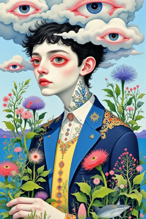  in a suit 、 illustration of a man with clouds and eyes ,  a tattoo on his neck ，Pedro Pedraja 的一幅 Surrealism画作 ,  Behance Contest, 流行 Surrealism,  surreal illustration ,  Psychedelic illustration ,  psychedelic surreal art , 流行 Surrealism lowbrow art styl...