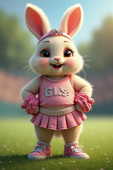 photorealistic portrait of Dressed animals - a ((fat)) baby (bunny) cheerleader,(art by Carne Griffiths:1.2),(full body image:1.3), (hands on hips:1.5),(furry), (happy smile:1.5),high quality,(lovely) , highly detailed cute  top with team logo ,intricate d...