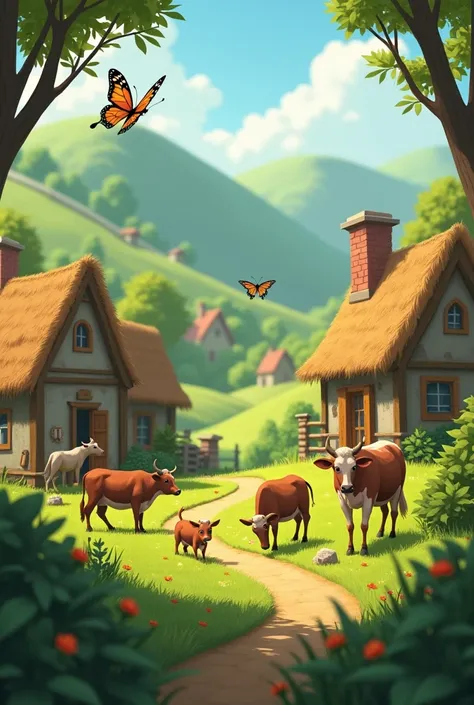 Village houses with cow and other animals eating food and greeny across the house Mandy Grace a small butterfly talking to queen of butterfly 