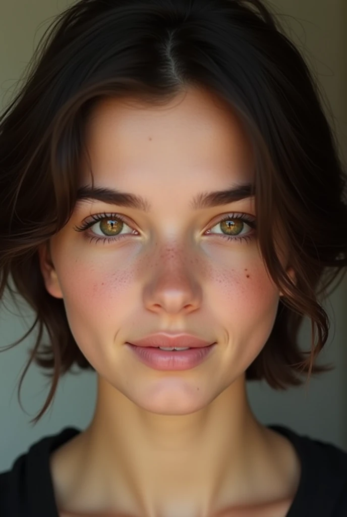  18-year-old female, brown green eyes ,  shiny ,  short hair ,  Dark brown,  thick eyebrows with slight elevation,   long eyelashes ,  thin nose proportional to the face ,  mouth with full lips ,  small freckles on both cheeks