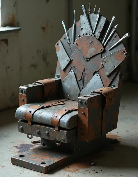 The chair is made of disparate, irregular pieces of metal, including rough cast iron and warped stainless steel with spots of rust, haphazardly connected with rivets and welding to form a mosaic puzzle, and sharp, needle-like, shining silver dentist's tool...