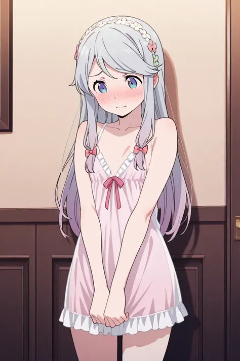  1girl  , alone, masterpiece,best quality, highres icon,highly detailed, Sagiri izumi,  flat chest,  negligee ,  no bra,  embarrassed expression