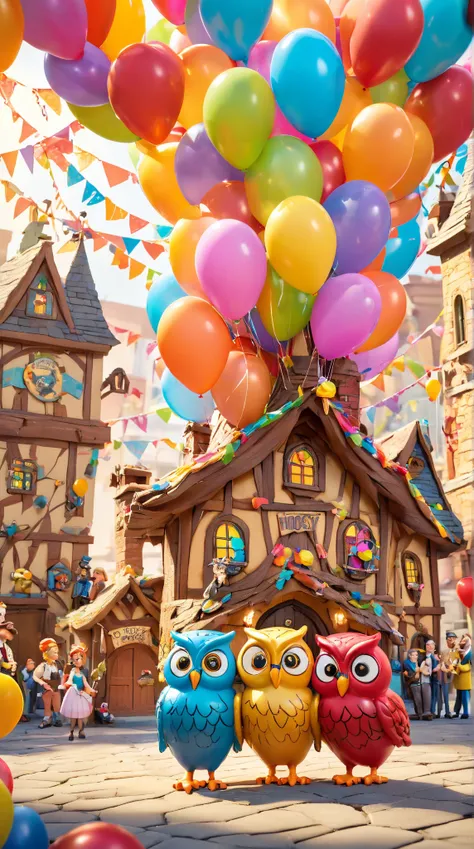 4n1v3rs3, a group of whimsical parkettes, each with their own unique personality, gather around a miniature replica of the famous Hootsy Hall. The hall is decorated with colorful balloons and streamers, as well as small figurines., dynamic cinematic perfec...