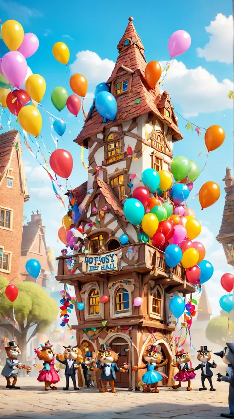 4n1v3rs3, a group of whimsical parkettes, each with their own unique personality, gather around a miniature replica of the famous Hootsy Hall. The hall is decorated with colorful balloons and streamers, as well as small figurines., dynamic cinematic perfec...