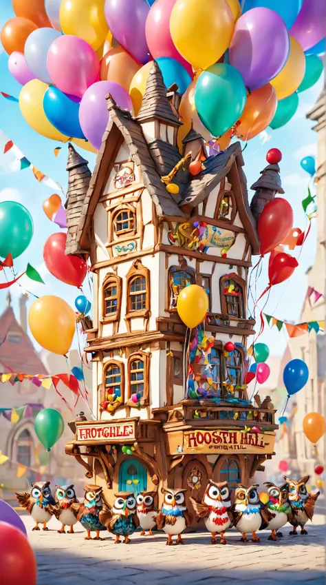 4n1v3rs3, a group of whimsical parkettes, each with their own unique personality, gather around a miniature replica of the famous Hootsy Hall. The hall is decorated with colorful balloons and streamers, as well as small figurines., dynamic cinematic perfec...