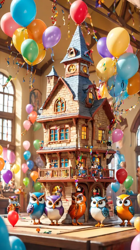 4n1v3rs3, a group of whimsical parkettes, each with their own unique personality, gather around a miniature replica of the famous Hootsy Hall. The hall is decorated with colorful balloons and streamers, as well as small figurines., dynamic cinematic perfec...