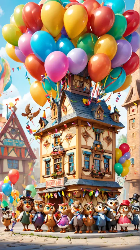 4n1v3rs3, a group of whimsical parkettes, each with their own unique personality, gather around a miniature replica of the famous Hootsy Hall. The hall is decorated with colorful balloons and streamers, as well as small figurines., dynamic cinematic perfec...