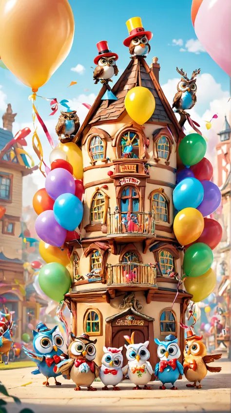 4n1v3rs3, a group of whimsical parkettes, each with their own unique personality, gather around a miniature replica of the famous Hootsy Hall. The hall is decorated with colorful balloons and streamers, as well as small figurines., dynamic cinematic perfec...