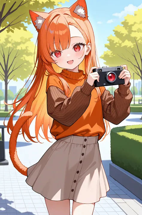 masterpiece, best quality, newest, absurdres, highres, safe, 1girl, cat girl, open mouth, smile, asymmetrical bangs, ((orange hair)), long hair, straight hair, (((red eyes))), flat chest, cat ears, cat tail, petite, very cute, orange sweater, brown stripes...