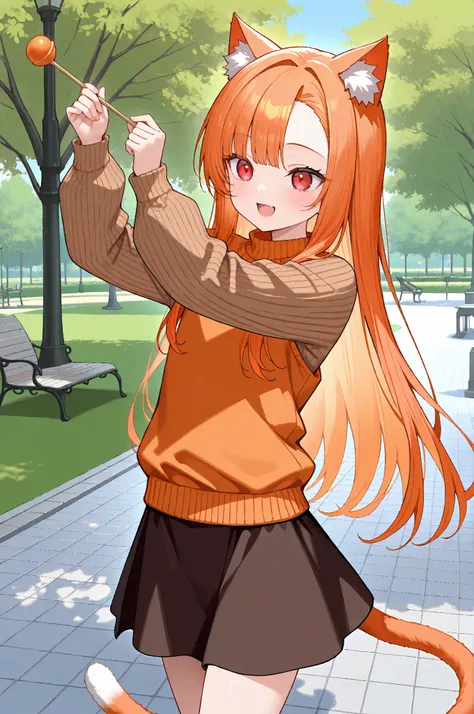 masterpiece, best quality, newest, absurdres, highres, safe, 1girl, cat girl, open mouth, smile, asymmetrical bangs, ((orange hair)), long hair, straight hair, (((red eyes))), flat chest, cat ears, cat tail, petite, very cute, orange sweater, brown stripes...