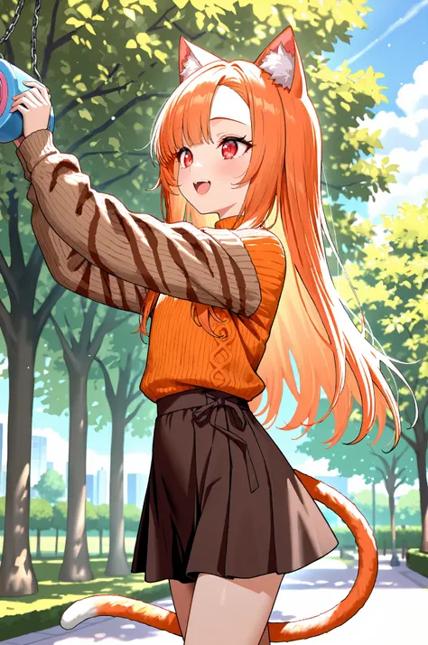 masterpiece, best quality, newest, absurdres, highres, safe, 1girl, cat girl, open mouth, smile, asymmetrical bangs, ((orange hair)), long hair, straight hair, (((red eyes))), flat chest, cat ears, cat tail, petite, very cute, orange sweater, brown stripes...