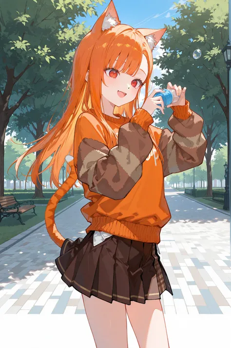 masterpiece, best quality, newest, absurdres, highres, safe, 1girl, cat girl, open mouth, smile, asymmetrical bangs, ((orange hair)), long hair, straight hair, (((red eyes))), flat chest, cat ears, cat tail, petite, very cute, orange sweater, brown stripes...