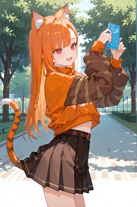 masterpiece, best quality, newest, absurdres, highres, safe, 1girl, cat girl, open mouth, smile, asymmetrical bangs, ((orange hair)), long hair, straight hair, (((red eyes))), flat chest, cat ears, cat tail, petite, very cute, orange sweater, brown stripes...