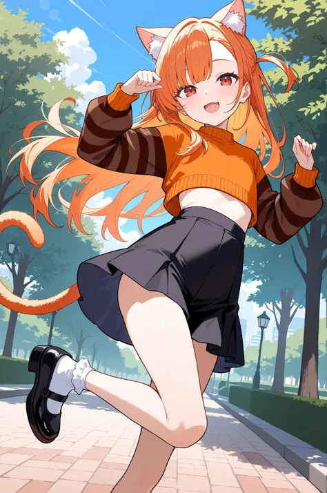 masterpiece, best quality, newest, absurdres, highres, safe, 1girl, cat girl, open mouth, smile, asymmetrical bangs, ((orange hair)), long hair, straight hair, (((red eyes))), flat chest, cat ears, cat tail, petite, very cute, orange sweater, brown stripes...