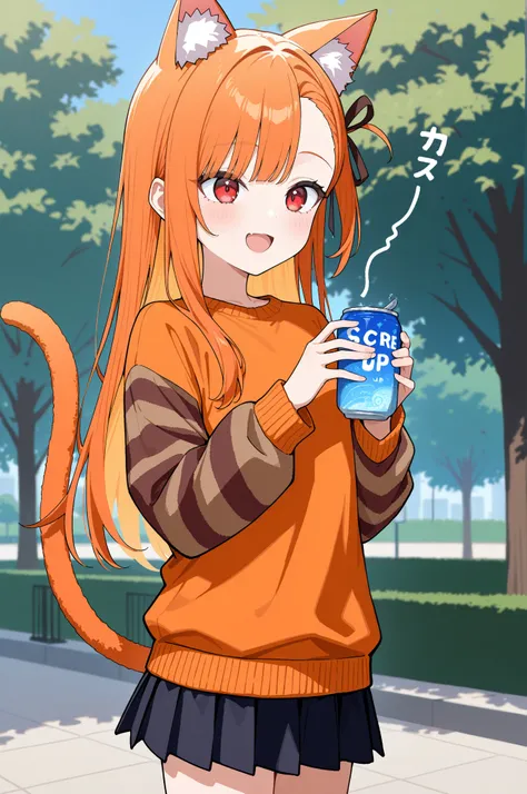 masterpiece, best quality, newest, absurdres, highres, safe, 1girl, cat girl, open mouth, smile, asymmetrical bangs, ((orange hair)), long hair, straight hair, (((red eyes))), flat chest, cat ears, cat tail, petite, very cute, orange sweater, brown stripes...