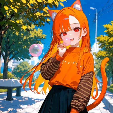 masterpiece, best quality, newest, absurdres, highres, safe, 1girl, cat girl, open mouth, smile, asymmetrical bangs, ((orange hair)), long hair, straight hair, (((red eyes))), flat chest, cat ears, cat tail, petite, very cute, orange sweater, brown stripes...