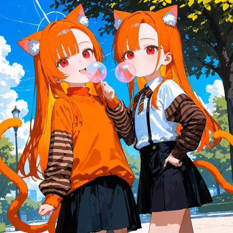 masterpiece, best quality, newest, absurdres, highres, safe, 1girl, cat girl, open mouth, smile, asymmetrical bangs, ((orange hair)), long hair, straight hair, (((red eyes))), flat chest, cat ears, cat tail, petite, very cute, orange sweater, brown stripes...