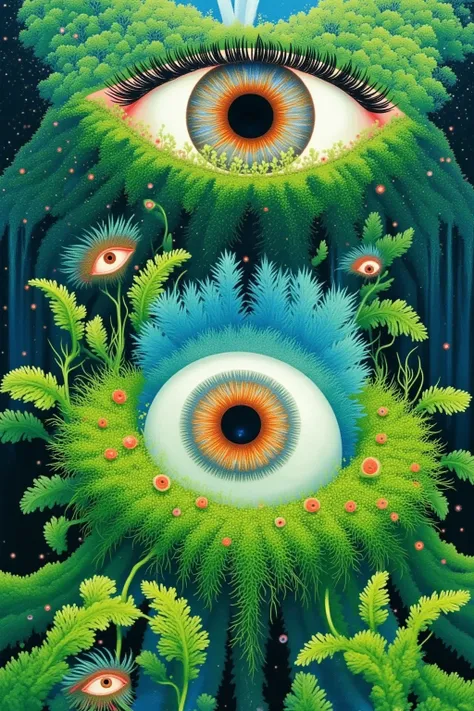 Create an image ，The content of the image is ： An eyeball surrounded by green moss ， The background is a beautiful dense jungle ， eyes gazing at the reflection of the jungle on the lens of the eyeball