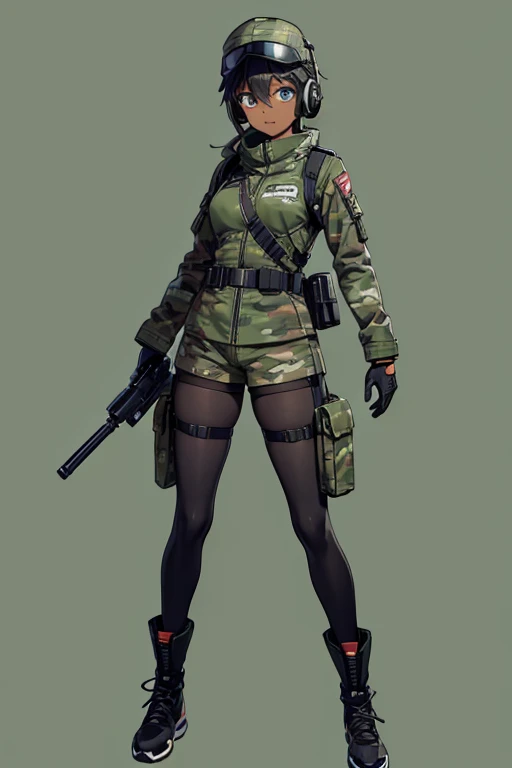  anime picture for TRPG、 full body portrait 、Background blank、 standing upright and about 155 cm tall ２０ -year-old dark-skinned pilot wearing dark green bulletproof armor, camouflage shorts, and camouflage cap、 wearing bulletproof goggles 、 black tights co...