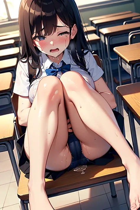 (Masterpiece, beautiful,hughres,CG,8k,16k, best quality , high resolution, The book's finger was inserted by a , detailed hands ,Detailed legs, detailed eyes :1.5), super high leg cut micro denim shorts with , panties, 1 girl,Alone,(During class,classroom,...