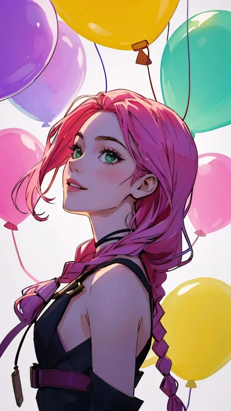 (best quality, masterpiece, highres:1.2), upperbody, (young cute girl), very slim, skinny, (ultra-detailed body), vibrant colors, small balloons,  bubbles, sweetness, joy, happiness, enchanting, (purple, red, green, yellow, tone), abstract, soft light pass...