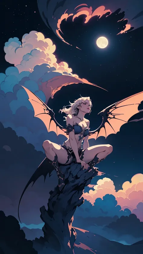 ((best quality)), ((masterpiece)), (detailed), alluring succubus, ethereal beauty, perched on a cloud, (fantasy illustration:1.3), enchanting gaze, captivating pose, delicate wings, otherworldly charm, mystical sky, (Luis Royo:1.2), (Yoshitaka Amano:1.1), ...