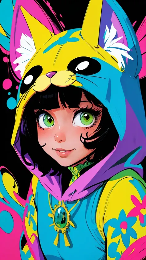 (best quality, masterpiece, colorful)1 fluffy cat dressing hood, paint art, comics, fantasy art, funny, perfect background wallpaper, abstract, (high contrast, official art, extreme detailed, highest detailed),