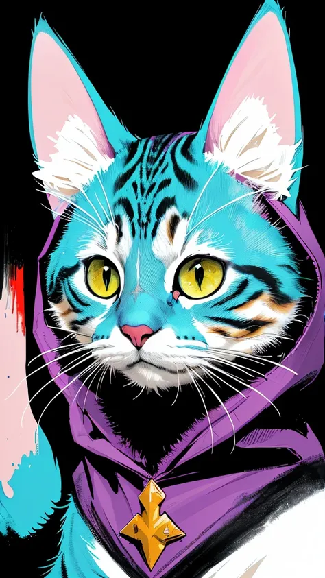 (best quality, masterpiece, colorful)1 fluffy cat dressing hood, paint art, comics, fantasy art, funny, perfect background wallpaper, abstract, (high contrast, official art, extreme detailed, highest detailed),