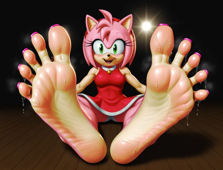 Amy rose de Sonic The hedgehog ,  foot fetish , , 5 toes per foot, soles,  Detailed  feet, pink toenails , ,  sexy position,  wet soles , Niebla rosada Apestosa.  masterpiece,  Ultra High Definition,  Detailed .