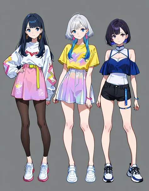 4girls, outfit designs, diverse outfits, full body character design, outfit design, fashion concept art, full character design, colored concept art, character designs, clothing concept, , [ character design ],
