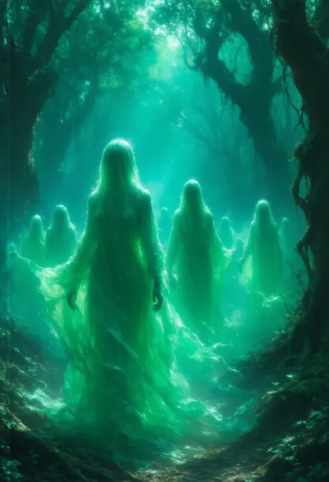 Chubby ghost girls in an enchanted forest with mythological beings, fighting exorcists  