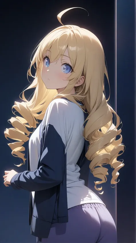 ( score_9, score_8_up, score_7_up ), upper body, ultra-detailed, detailed face, (looking up, looking back ,head tilt,looking at viewer), 
Solo, a girl, blonde, long hair, side tail, drill hair, ahoge, blue eyes, slant eyes, narrow eyes, white t-shirt, wear...