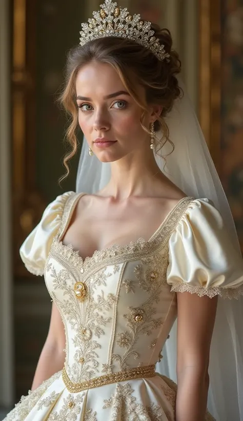 A breathtaking Regency-era wedding scene set in 1812, inspired by the lavish romance of the Bridgerton era. The bride stands gracefully in a sumptuous bridal gown crafted from the finest ivory silk and adorned with intricate floral embroidery in gold and s...