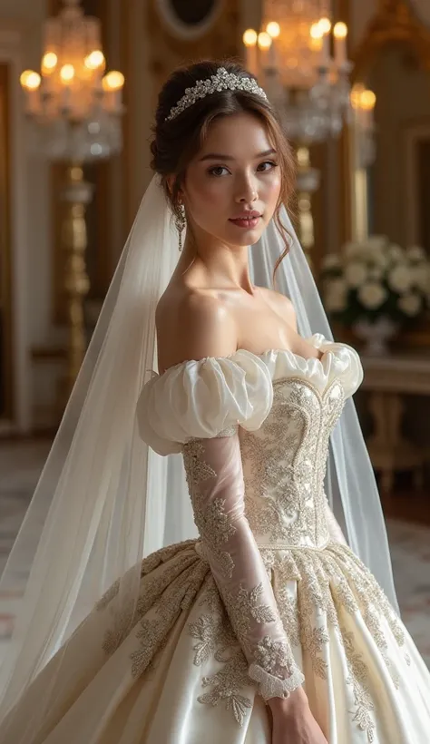 Prompt:
A breathtaking 1812-inspired princess-style wedding gown, designed in the height of the Romantic Era. The gown is a masterpiece of elegance, featuring a voluminous silk skirt with delicate layers of organza and intricate embroidery of floral motifs...