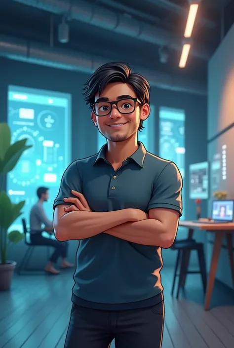 A front animation of a 29 year old brown Brazilian man with medium length black straight hair wearing glasses,  weighing around 89 kg in a technology scenario, 