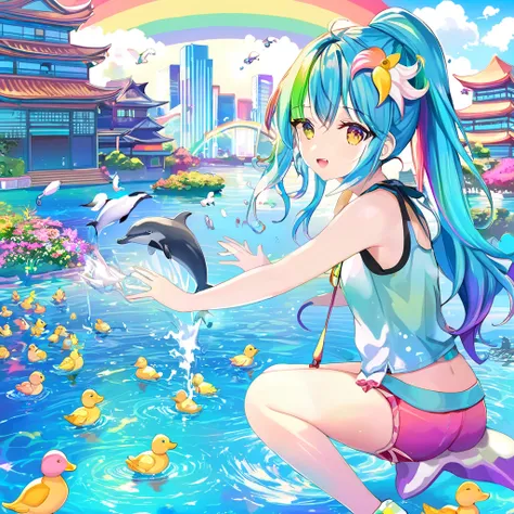 girl playing with ducks,  dolphin shorts,   rainbow hair,  ponytail, long hair、 Electron luminescence city 
