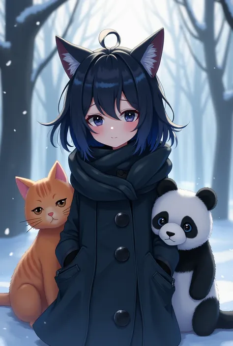 Anime girl, black and dark blue hair, black eyes, winter season, orange cat and Panda , black coat , and masks 