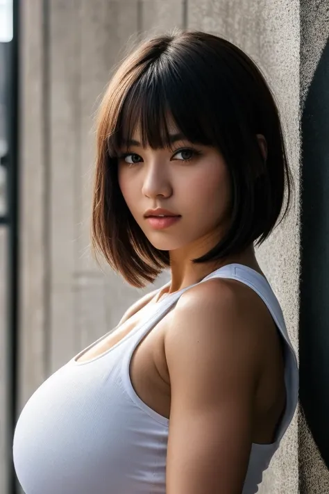 1girl, white eyes colour, Masterpiece, Textured Skin, UHD, huge breasts, muscular fit, japanese, beautiful face, full body, secret agent suit,Short Hair, Bangs, Silver Hair, 