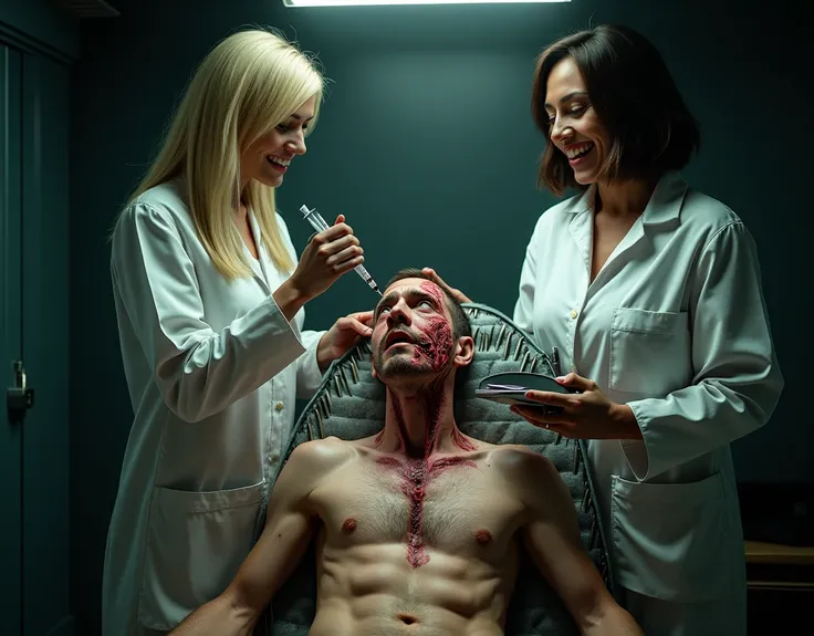 medical horror, grotesque, photorealistic, raw photo, FFM Threesome, (In a dark room, a strong spotlight shines from the ceiling, revealing a skinny, shirtless man in pants, restrained tightly with a headband, neck, torso, and limbs in thick leather belts,...