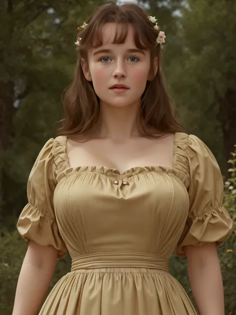 (best quality,4k,8k,highres,masterpiece:1.2),(ultra-detailed,photorealistic,photo-realistic:1.37), (((Clare))), ((wearing vintage dress)), ((very large bust size for her young age))