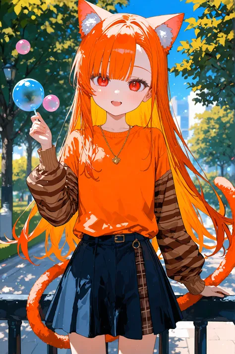 masterpiece, best quality, newest, absurdres, highres, safe, 1girl, cat girl, open mouth, smile, asymmetrical bangs, ((orange hair)), long hair, straight hair, (((red eyes))), flat chest, cat ears, cat tail, petite, very cute, orange sweater, brown stripes...