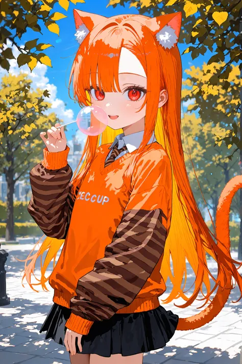 masterpiece, best quality, newest, absurdres, highres, safe, 1girl, cat girl, open mouth, smile, asymmetrical bangs, ((orange hair)), long hair, straight hair, (((red eyes))), flat chest, cat ears, cat tail, petite, very cute, orange sweater, brown stripes...