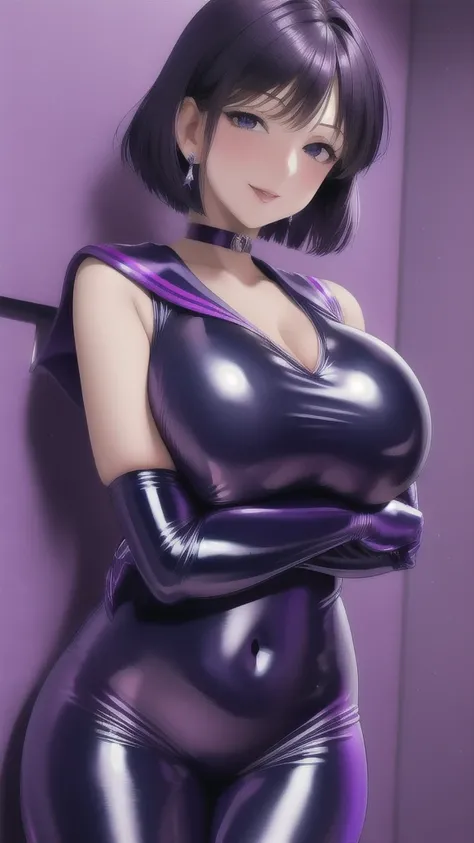   erotic、 Sailor Saturn、 short hair as left eye、Big Breasts, Alone,Navy blue latex rubber suit、 cleavage in years, Purple Wicked Background 、  best quality ,  detailed face,  detailed eyes ,  high resolution,smile、 Dye Your Cheeks Red、 sexy pose、lure、Estru...