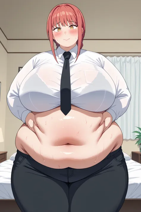 Makima, Makima,  long hair、bangs、 Long Sleeve, yellow eyes,  white shirt、Red Hair, collared shirt、 black pants 、 black tie,gigantic breasts,enormous breasts,belly cleavage,Sloppy belly fat, I'm sweating a lot,bedroom, troubled expression, embarrassed expre...