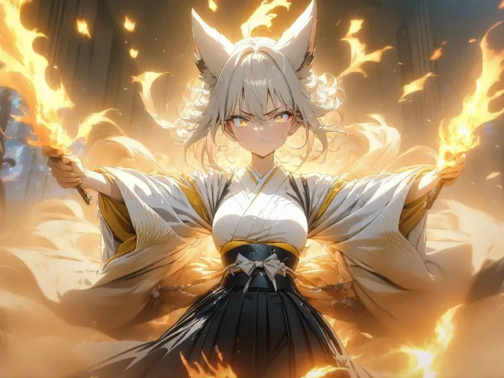 ((((masterpiece)))), anime coloring,Japanese anime,((((Best Quality)))), ,  ,(action),High resolution,fine grain,,Detailed face, Fox Girl,狐の耳,Wearing a kimono,hakama,Beautiful Skin、Beautiful and sophisticated eyes、氷,,雷,fire,xss