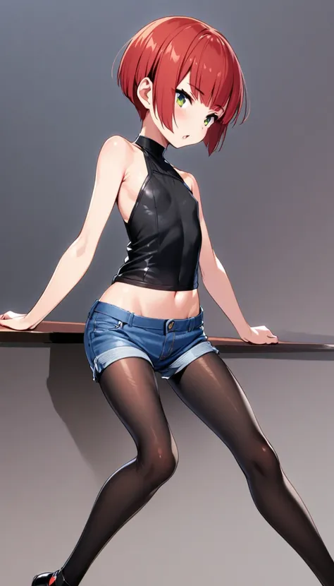 One Tom Boy ,Red Hair（ pixie cut ）, denim hot pants, pantyhose, is short,Flat chest